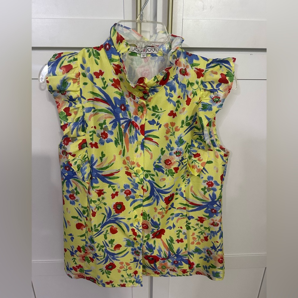 Joy Joy Sz medium ruffle sleeves yellow floral button down top